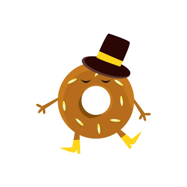 Εξανθρωπισμένες ντόνατ με καφέ τζάμια και κορυφαίο καπέλο χαρακτήρα κινουμένων σχεδίων με χέρια και πόδια — Διανυσματικό Αρχείο