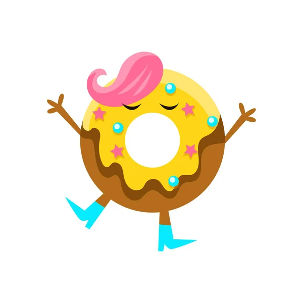 Donut humanizado con acristalamiento amarillo y personaje de dibujos animados de pelo rosa con brazos y piernas — Vector de stock