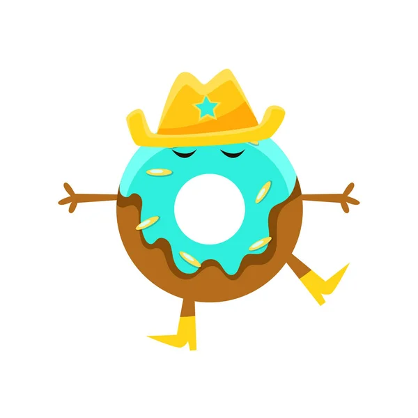 Donut humanizado con acristalamiento azul y personaje de dibujos animados sombrero de vaquero con brazos y piernas — Vector de stock