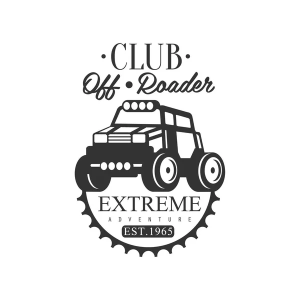 Off-Road kalandra extrém Club és a bérleti fekete-fehér promóciós címke tervezősablon — Stock Vector