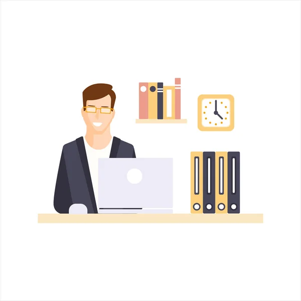 Administrativní pracovník v pracovní kóji kanceláře s jeho každodenní rutinní situace kreslená postava šťastný muž — Stockový vektor