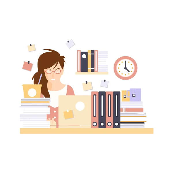 Stressed mulher trabalhador de escritório no cubículo do escritório tendo sua rotina diária situação personagem dos desenhos animados — Vetor de Stock