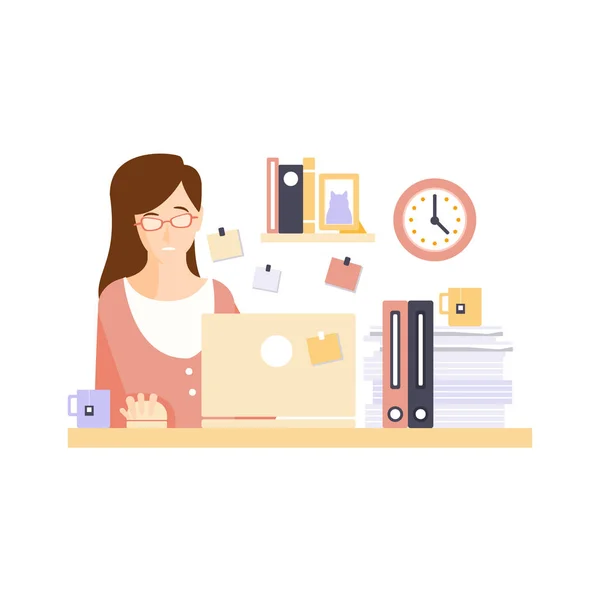 Mulher infeliz trabalhador de escritório no escritório cubículo tendo sua rotina diária situação personagem dos desenhos animados — Vetor de Stock