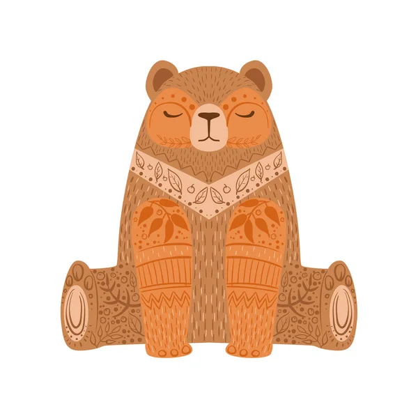 Brown Bear Relajado Dibujos Animados Animal Salvaje Con Ojos Cerrados Decorado Con Boho Hipster Estilo Floral Motivos Y Patrones — Archivo Imágenes Vectoriales