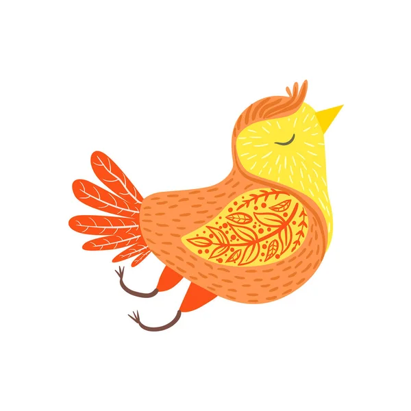 Singing Bird Relaxed Cartoon Wild Animal With Closed Eyes Decorated With Boho Hipster Style Floral Motives and Patterns — стоковый вектор