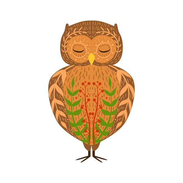 Eagle-Owl Relaxed Cartoon Wild Animal with Closed Eyes Decorated with Boho Hipster Style Floral Motives and Patterns — стоковый вектор