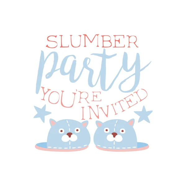 Plantilla de tarjeta de invitación de fiesta de pijama femenina con par de zapatillas que invitan a los niños a dormir la noche del pijama maduro — Vector de stock