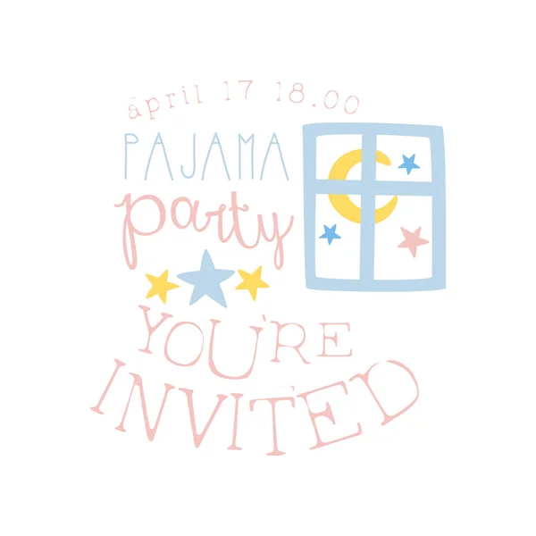 Plantilla de la tarjeta de invitación de la fiesta del pijama femenino con la ventana de la noche que invita a niños para el pijama escaso durante la noche Sleepover — Vector de stock