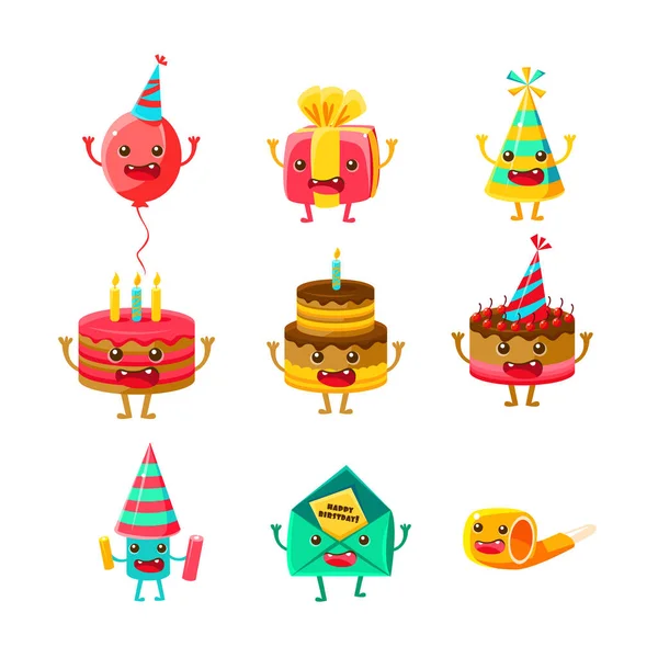 Feliz cumpleaños y celebración Símbolos de la fiesta Juego de personajes de dibujos animados, incluyendo pastel de cumpleaños, sombrero de fiesta, globo, cuerno de fiesta y fuegos artificiales — Vector de stock