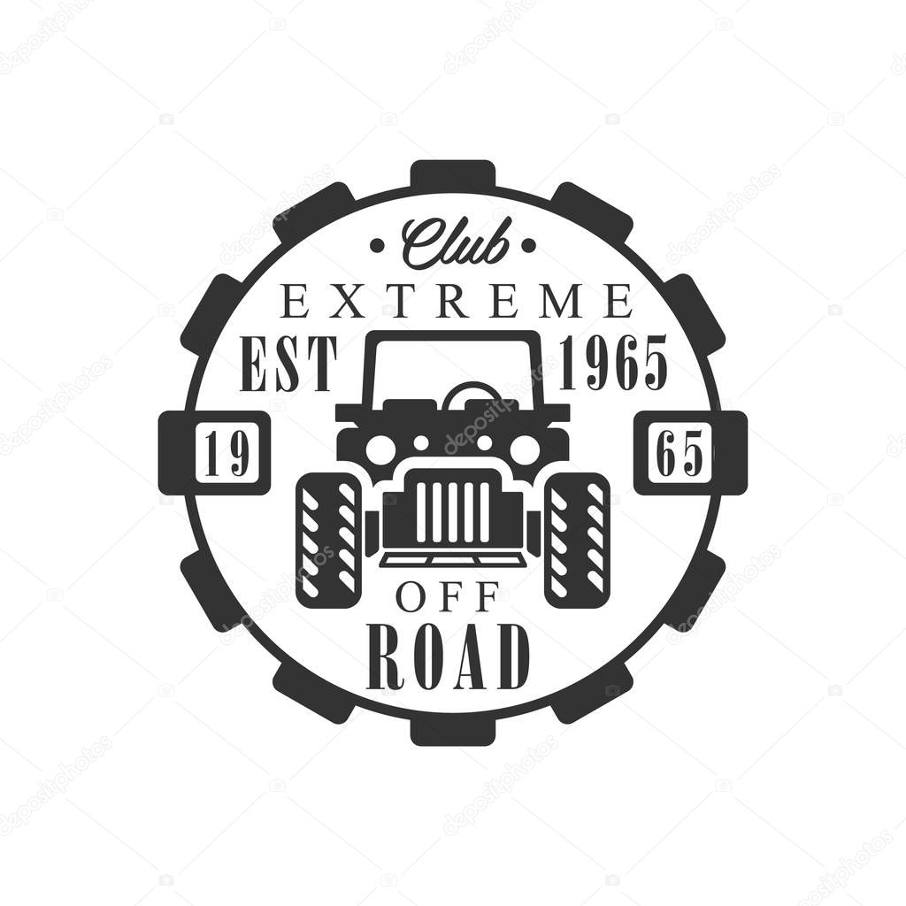 Round Frame Off-Road Extreme Club And Rental Black And White Promo Label Design Template. Vector Monochrome Emblem For ATV Four Wheels Renting Service With Text And Car Silhouette.