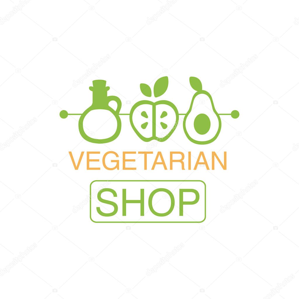 Vegan Natural Food Green Logo Design Template With Oil, Avocado And Oil Promoting Healthy Lifestyle And Eco Products. Fresh Bio Vegetables And Vegetarian Diet Vecto Label With Text.