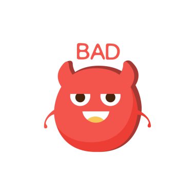 Bad Red Devil Word And Corresponding Illustration, Cartoon Character Emoji With Eyes Illustrating The Text clipart