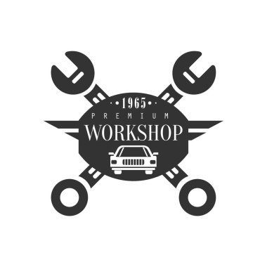 Onarım atölye siyah beyaz etiket tasarım şablonu ile çapraz anahtarı ve araba siluet