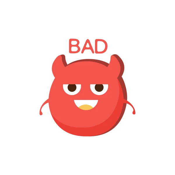 Palavra do Diabo Vermelho Mau e Ilustração Correspondente, Personagem de Desenhos Animados Emoji com Olhos Ilustrando o Texto — Vetor de Stock