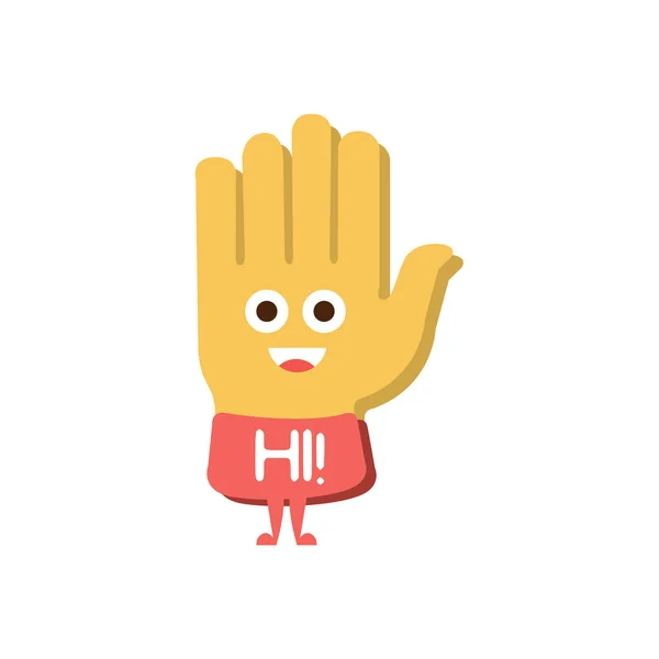 Hallo und Gruß Hand, Wort und entsprechende Illustration, Zeichentrickfigur Emoji mit Augen, die den Text illustrieren — Stockvektor