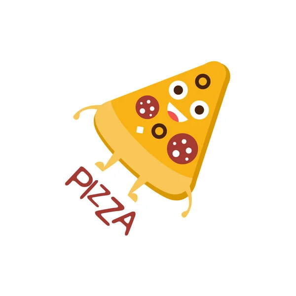 Rebanada de pizza palabra e ilustración correspondiente, personaje de dibujos animados emoji con ojos que ilustran el texto — Archivo Imágenes Vectoriales