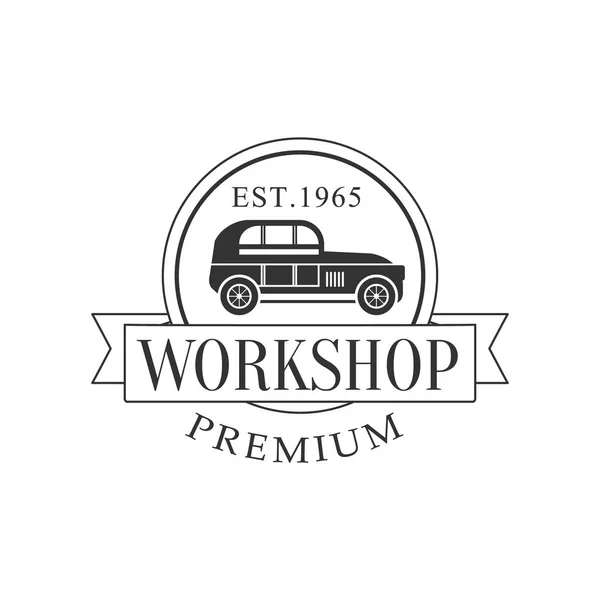 Retro Car Repair Workshop Black and White Label Design Template with Round Frame And Ribbon - Stok Vektor