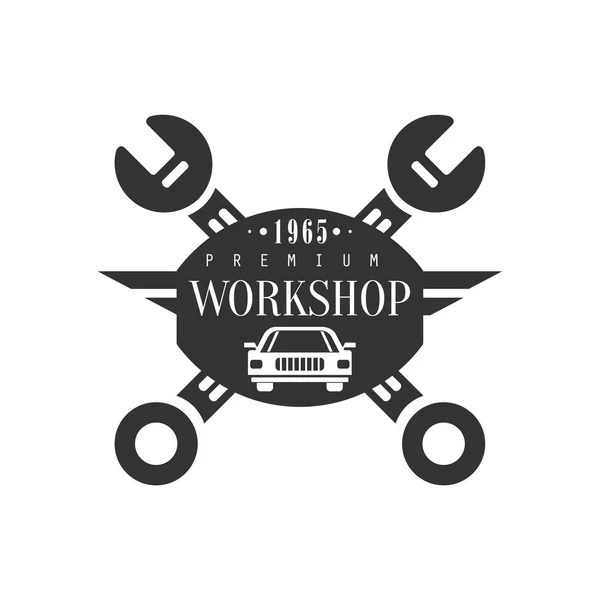 Perbaikan Workshop Black and White Label Design Template Dengan Wrenches Crossed Dan Siluet Mobil - Stok Vektor