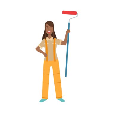 Kadın ev ressam resim rulo, mutlu insanlar ve onların meslek toplama vektör karakter parçası ile