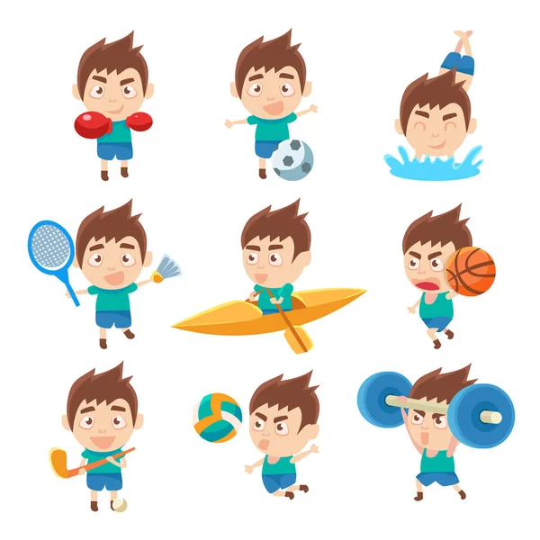 Kid Sportsman Haciendo Diferentes Tipos Deportivos Collectio Of Illustrations — Vector de stock