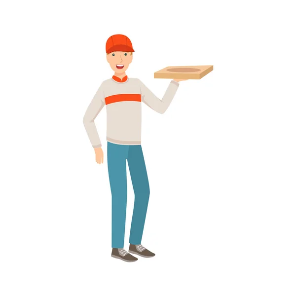 Человек-курьер держит пиццу, часть счастливых людей и их профессии Коллекция векторных персонажей — стоковый вектор