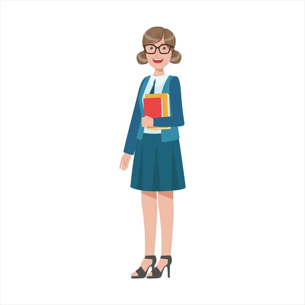 Жінка шкільний вчитель проведення книг, частиною щасливих людей і їх професій колекції векторні символів — стоковий вектор