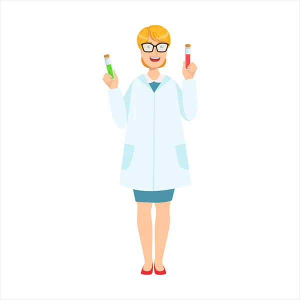 Mujer química con tubos de prueba, parte de la gente feliz y sus profesiones colección de personajes de vectores — Vector de stock