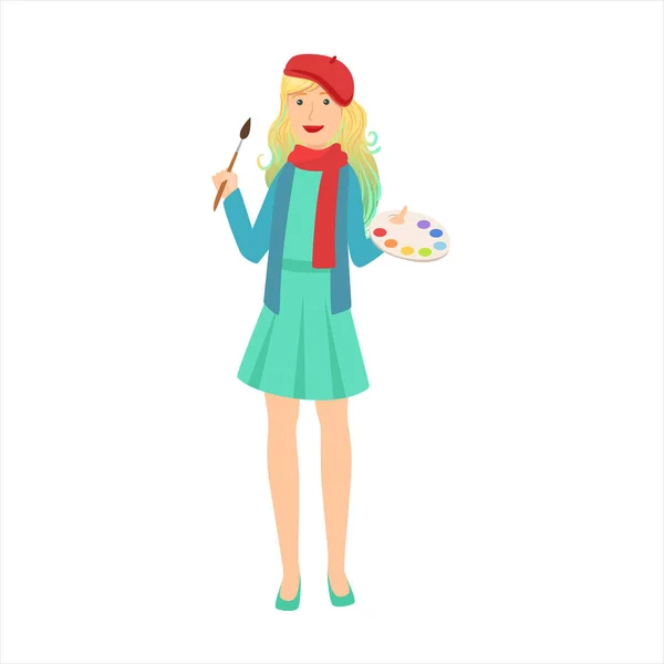 Woman Artist Painter With Paintbrush And Palette, Part Of Happy People And Their Professions Collection Of Vector Characters — Stock Vector