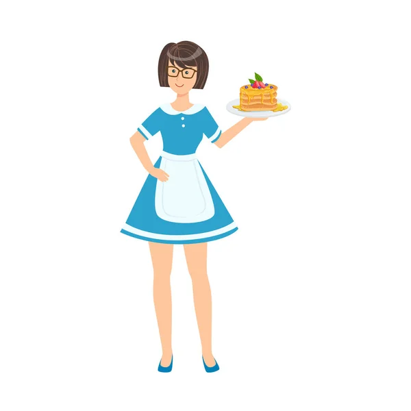 Waitress Holding Plate With Pancakes, Part Of Happy People And Their Professions Collection Of Vector Characters — Stock Vector