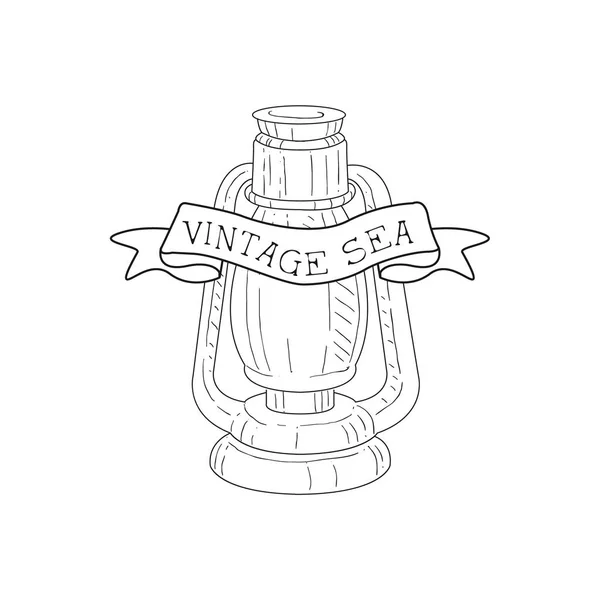 Lampe à huile Vintage Mer et symbole nautique Modèle d'étiquette de croquis dessiné à la main — Image vectorielle