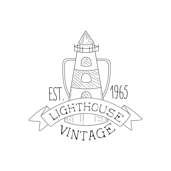 Modèle d'étiquette de croquis dessiné à la main de mer et de symbole nautique vintage de phare — Image vectorielle