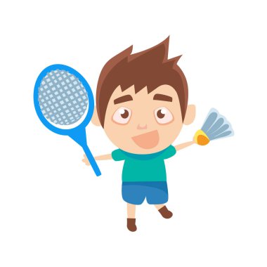 Erkek sporcu çocuk parçası badminton oynarken vektör çizimler dizi eğitim spor