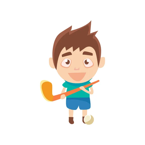 Jongen sportman Hockey spelen op gras deel van kind Sport Training Series van vectorillustraties — Stockvector