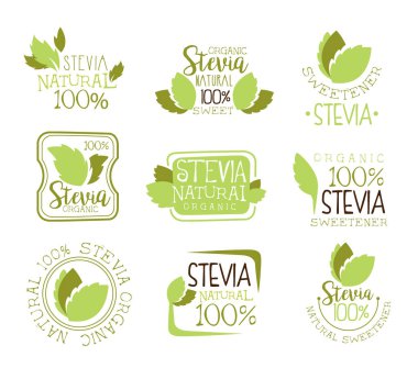 Stevia doğal gıda tatlandırıcı katkı ve yeşil renk Logo tasarım şablonları bitki yaprakları ile şeker yedek kümesi