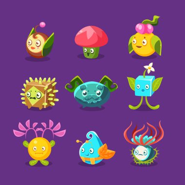Çocukça yabancı fantastik canlı bitkiler Emoji karakterler topluluğu vektör fantezi bitki örtüsü