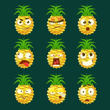Ananas karikatür Emoji Portaraits FITH farklı duygusal yüz Expressiona koleksiyonu çizgi film etiketleri