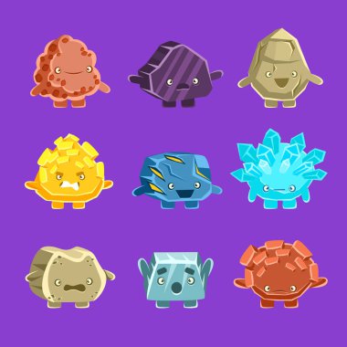 Yabancı fantastik Golem karakterleri farklı kayalar dost yüzler Emoji etiketleri kümesiyle insanlaşmış