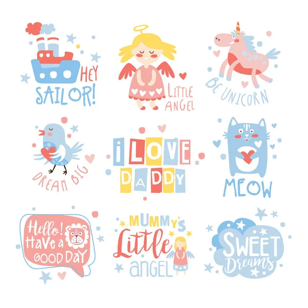 Σύνολο πρότυπα εκτύπωσης σχεδίασης δωμάτιο φυτώριο μωρό με χαριτωμένο Girly τρόπο με μηνύματα κειμένου — Διανυσματικό Αρχείο