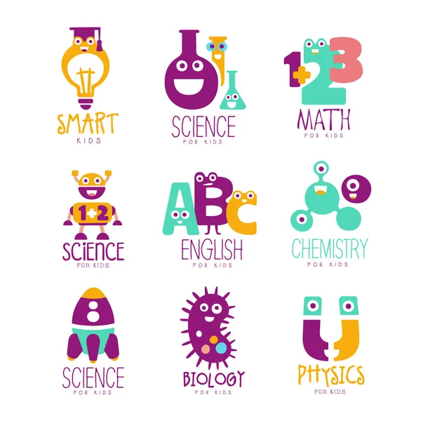 Děti vědy vzdělávání navíc osnov Club Logo šablon v barevné karikatura styl s úsměvem a znaky — Stockový vektor