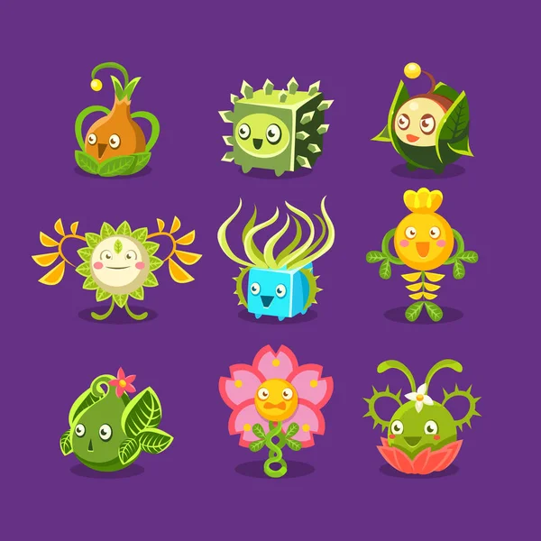 Çocukça yabancı fantastik canlı bitkiler Emoji karakter kümesi vektör fantezi bitki örtüsü — Stok Vektör