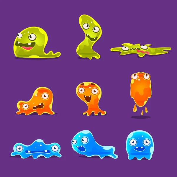 Trage Blob Emoji primitieve fantastische primitieve organisme stripfiguren van verschillende kleur instellen — Stockvector