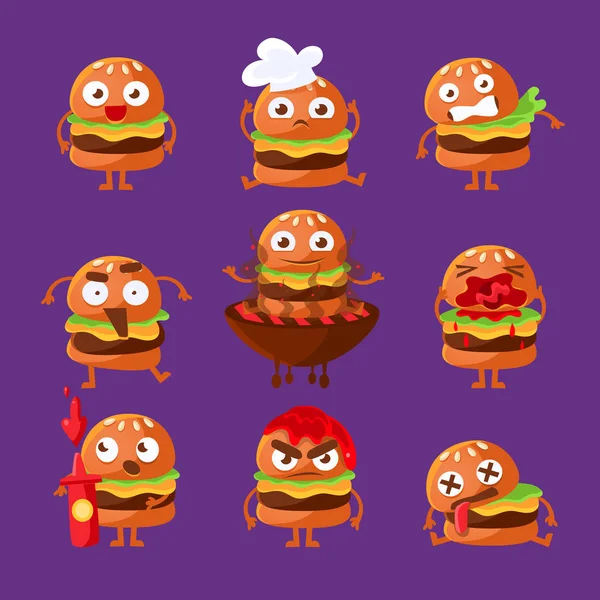 Burger rychlé občerstvení sendvič kreslený humanizovaný znaků Emoji samolepka sada vektorové ilustrace — Stockový vektor