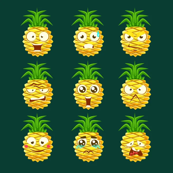 Ananas cartone animato Emoji Portaraits Fith Diverso emotivo viso Expressiona Set di adesivi del fumetto — Vettoriale Stock