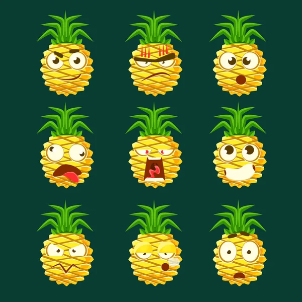 Ananas Cartoon Emoji Portaraits Fith verschillende emotionele gezicht Expressiona collectie van Cartoon Stickers — Stockvector