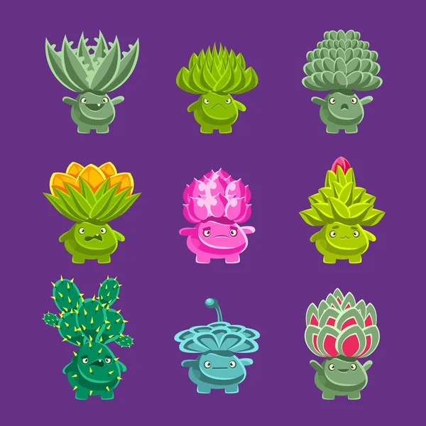Personajes de plantas fantásticas alienígenas con vegetación suculenta y raíz humanizada con caras amistosas Emoji Stickers Set — Vector de stock