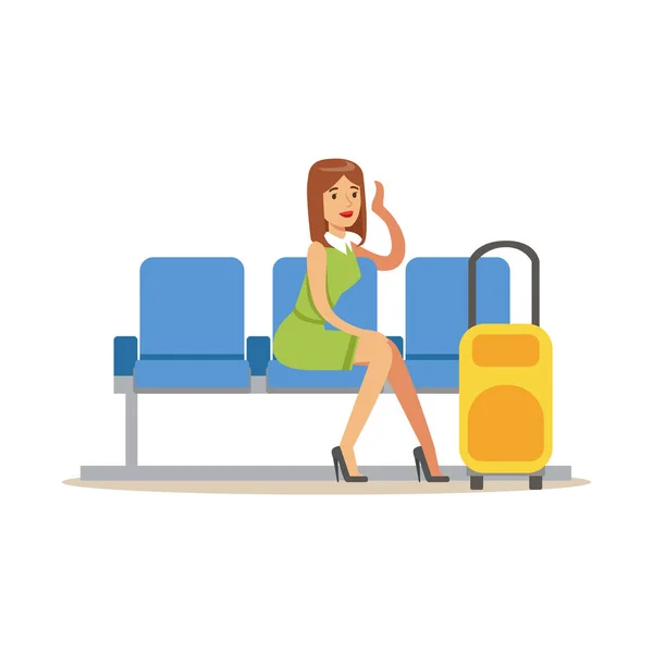 Vrouw te wachten voor haar vlucht In Lobby deel van de luchthaven en de lucht reizen gerelateerde scènes serie van vectorillustraties — Stockvector