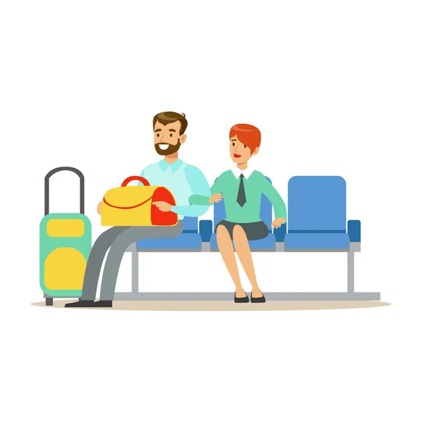 Couple en attente d'un vol dans la zone d'attente, une partie de l'aéroport et le transport aérien scènes connexes série d'illustrations vectorielles — Image vectorielle