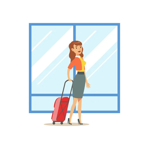 Mujer que llega con una maleta grande, parte del aeropuerto y el aire Viajes Relacionados Escenas Serie de ilustraciones vectoriales — Archivo Imágenes Vectoriales