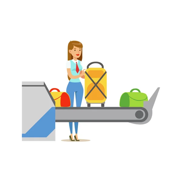 Mujer que revisa el equipaje escaneado en el cinturón de alimentación de control de seguridad, parte del aeropuerto y el aire Viajes Escenas relacionadas Serie de ilustraciones vectoriales — Vector de stock