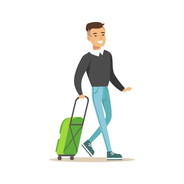 Hombre que llega con la maleta verde, parte del aeropuerto y el aire Viajes Relacionados Escenas Serie de ilustraciones vectoriales — Archivo Imágenes Vectoriales